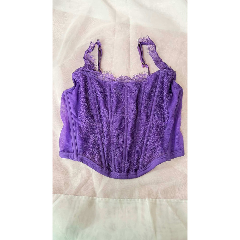 Victorias Secret Purple Floral Lace Corset Top Eyelash Trim Mesh Small DD